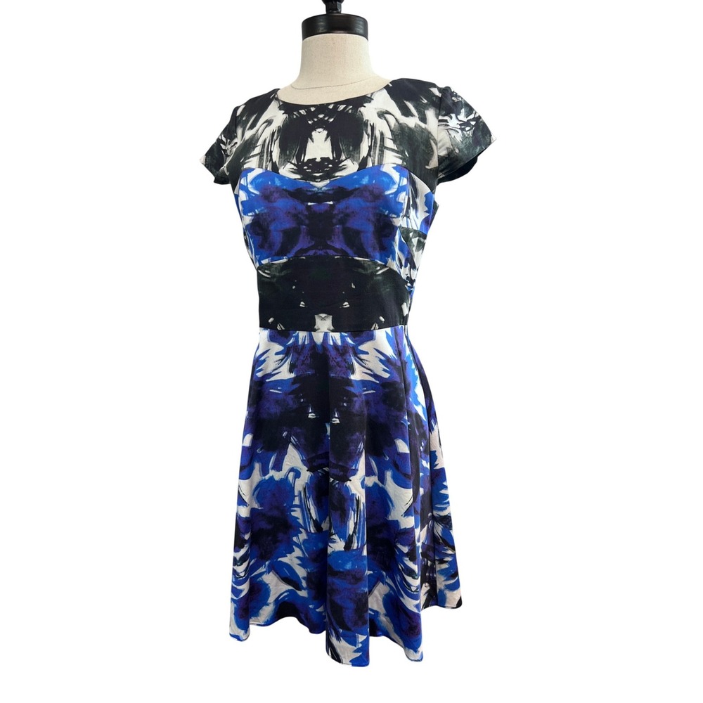 Milly Fit and Flare Dress Women 6 Blue Excellent Abstract Floral Cap Sleeve